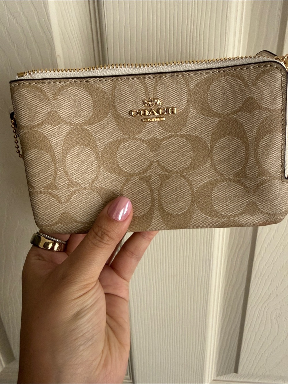 Coach Beige Signature Canvas Wristlet with Gold Hardware
